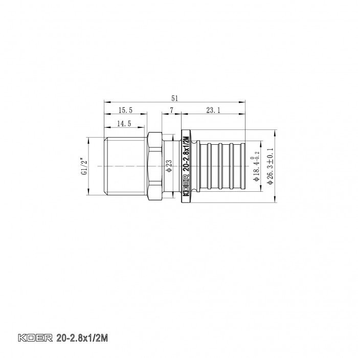 Переходник с НР Koer KA.A06M-20 - 20(2.8mm) x 1/2"M (KR4851)
