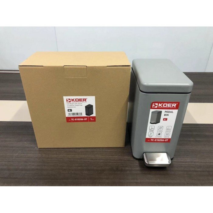 Мусорное ведро с плавным закрытием прямоугольное Koer TC-010206-07 6 л цвет серый (KR5596)