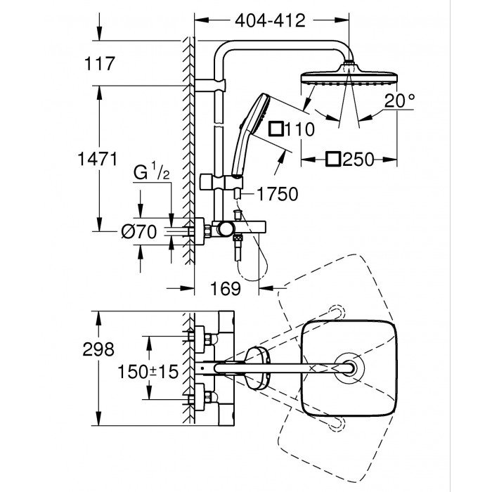 Душова система настінного монтажу з термостатом для ванни Grohe Tempesta System 250 Cube (26691001) Душова система настінного монтажу з термостатом для ванни Grohe Tempesta System 250 Cube (26691001)