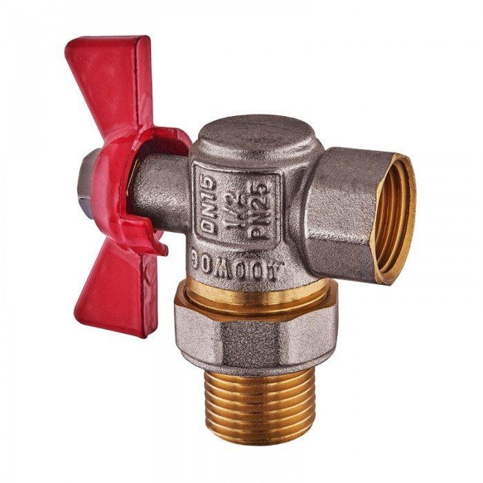 Кран с американкой угловой Waterpro WP400-15FMW-L - 1/2" ручка "бабочка" красная (WP2895)