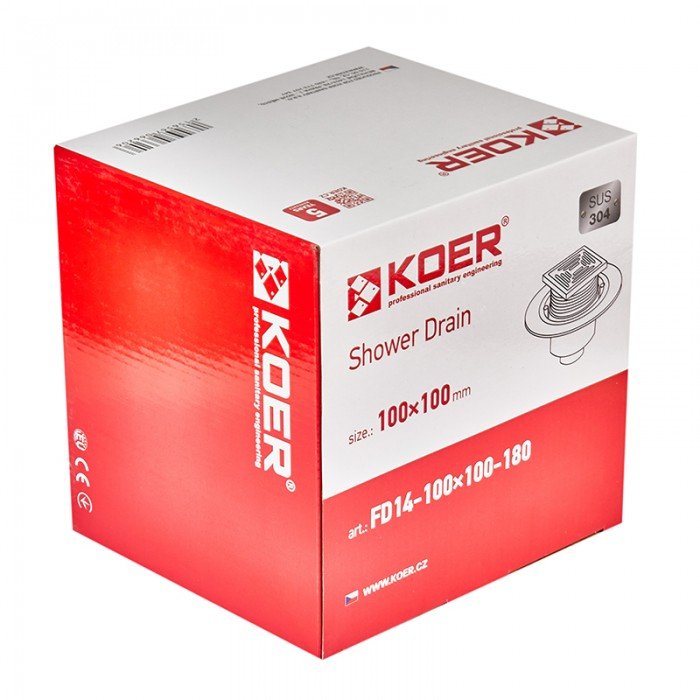 Душевой трап из нержавеющей стали SUS304 Koer FD14-100x100-180 (прямой отвод) (AC0662)