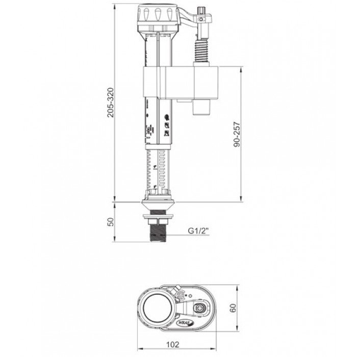 Арматура наполнительная Koer KT-0103-1/2" с нижним подключением и латунной резьбой 1/2" (KR5331)