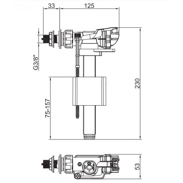 Арматура наполнительная Koer KT-0106-3/8" с боковым подключением и пластиковой резьбой 3/8" (KR5337 Арматура наполнительная Koer KT-0106-3/8" с боковым подключением и пластиковой резьбой 3/8" (KR5337