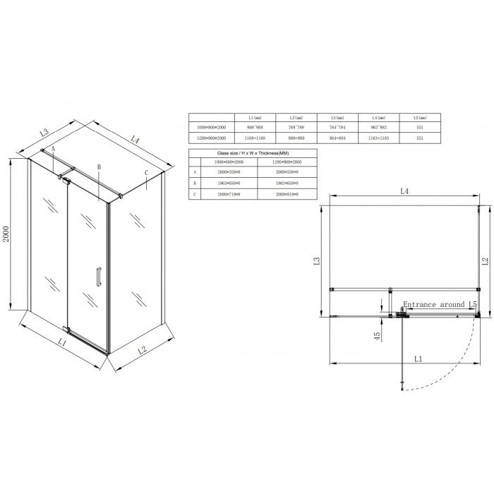 Душевая кабина без поддона Koer SR SC02-120x90x200-TR-01 прозрачное стекло Easy Clean 8мм, хром (KR