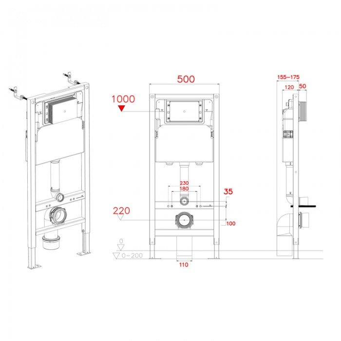 Інсталяція для підвісного унітазу Koer KT-0404 500x165x1125mm, без панелі змиву (KR5719)