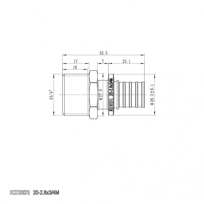 Переходник с НР Koer KA.A08M-20 - 20(2.8mm) x 3/4"M (KR4852) Переходник с НР Koer KA.A08M-20 - 20(2.8mm) x 3/4"M (KR4852)