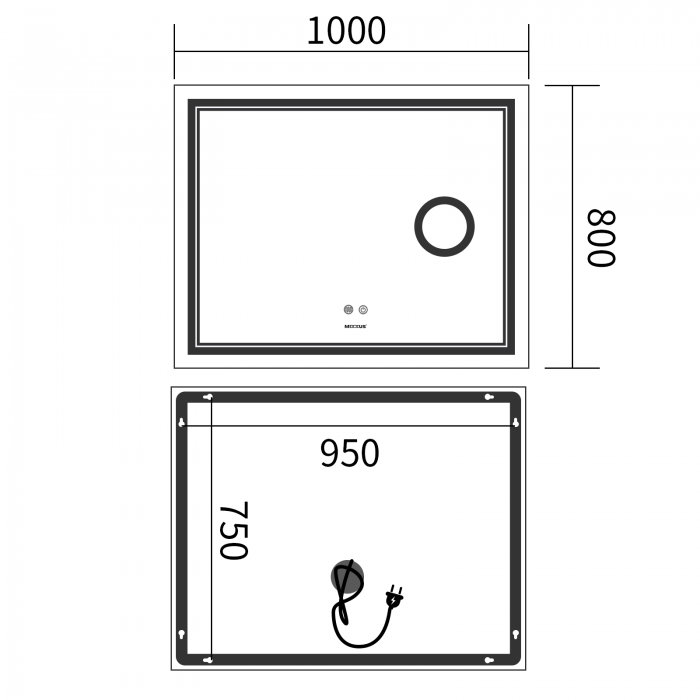 Зеркало Mixxus Premium QUADRO MR20-100x80 с Led Touch, Anti-fog, димером, регулятором яркости, линз