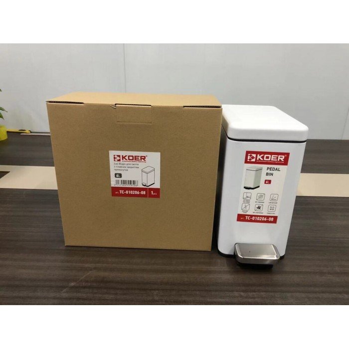 Мусорное ведро с плавным закрытием прямоугольное Koer TC-010206-08 6 л цвет белый (KR5595)