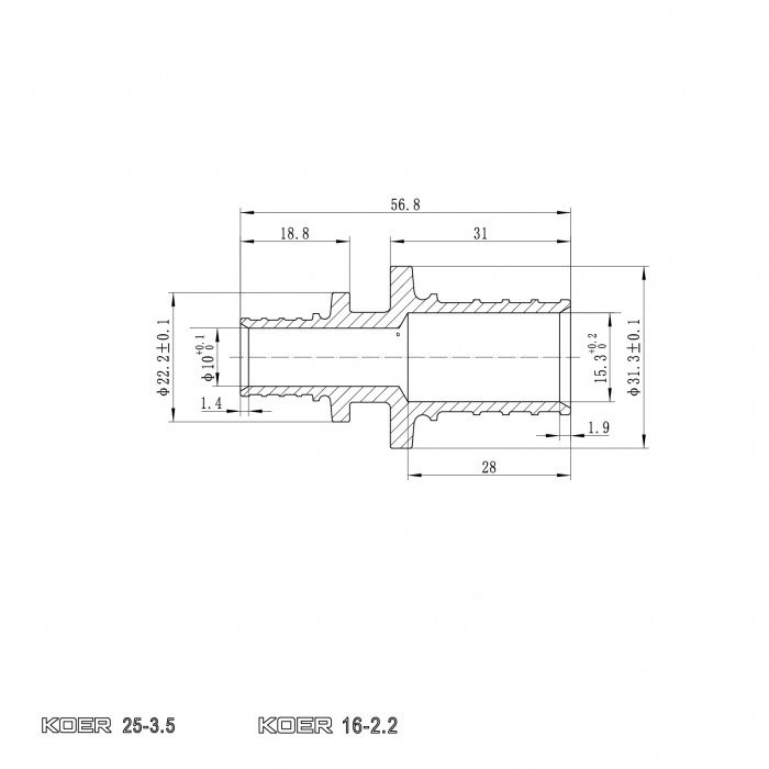 Муфта соединительная переходная Koer KA.С16-25 - 16(2.2mm) x 25(3.5mm) (KR4859)