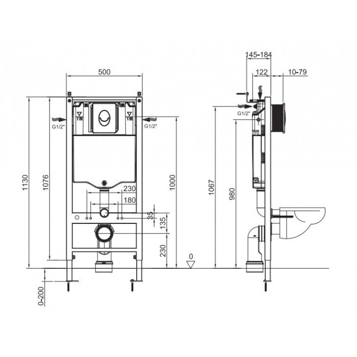 Инсталляция для подвесного унитаза Koer KT-0407 500x126x1150mm, без панели смыва (KR5341)