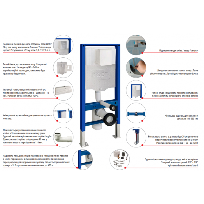 Инсталляция для подвесного унитаза Koer KT-0407 500x126x1150mm, без панели смыва (KR5341)