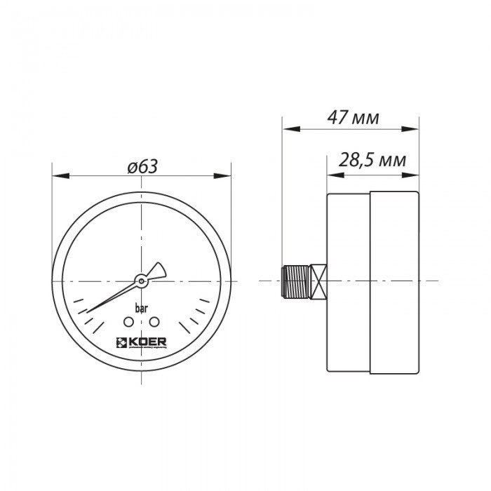 Манометр аксиальный (KOER KM.611A) (0-4 bar), D 63мм, 1/4''-1/2'' (KR0210)