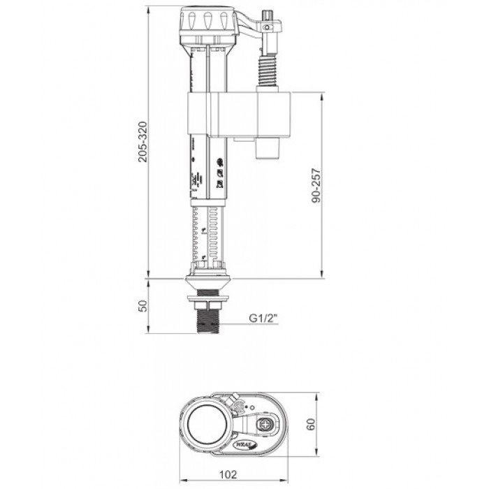 Арматура наполнительная Koer KT-0104-1/2" с нижним подключением и пластиковой резьбой 1/2" (KR5333) Арматура наполнительная Koer KT-0104-1/2" с нижним подключением и пластиковой резьбой 1/2" (KR5333)