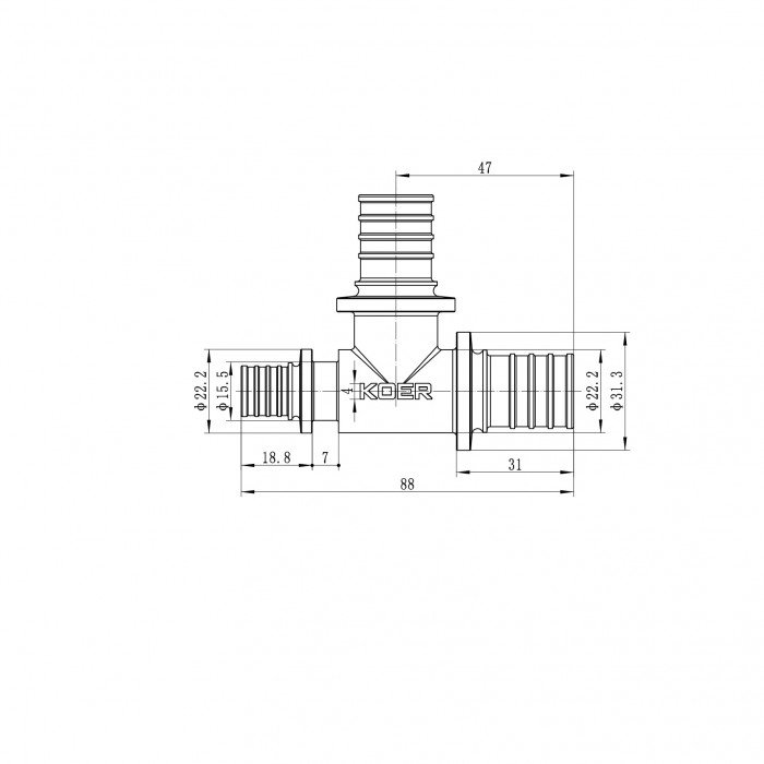 Трійник перехідний Koer KA.T25-25-16 - 25(3.5mm) x 25(3.5mm) x 16(2.2mm) (KR4893)