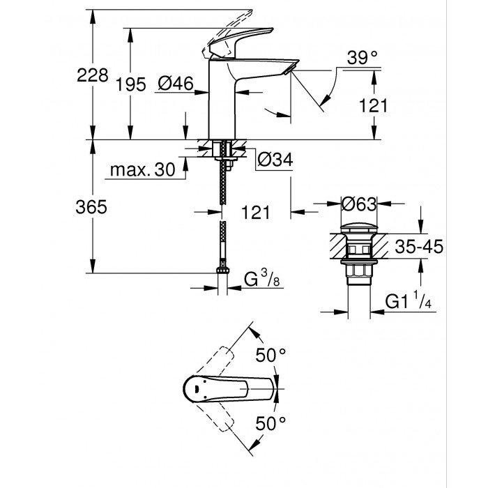 Однорычажный смеситель для раковины M-Size Grohe Eurosmart New с нажимным донным клапаном (23923003 Однорычажный смеситель для раковины M-Size Grohe Eurosmart New с нажимным донным клапаном (23923003