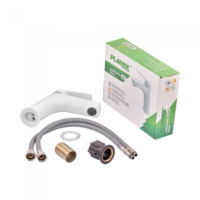 Змішувач для умивальника Plamix Lucas-001 SET White з підведенням (PM0706) Змішувач для умивальника Plamix Lucas-001 SET White з підведенням (PM0706)