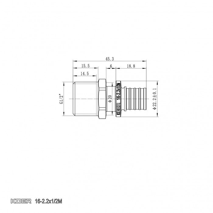 Перехідник з ЗР Koer KA.A06M-16 - 16(2.2mm) x 1/2"M (KR4849) Перехідник з ЗР Koer KA.A06M-16 - 16(2.2mm) x 1/2"M (KR4849)