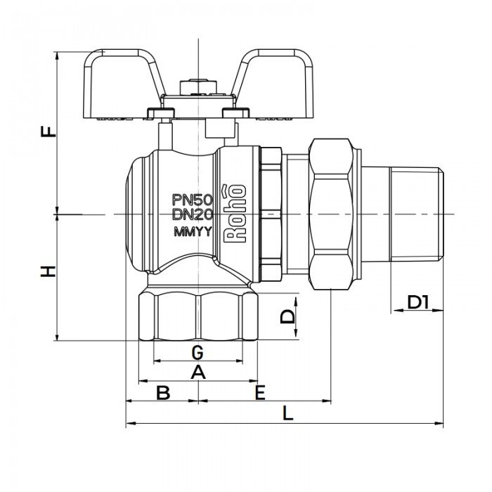 Кран з американкою Roho R106-050B - 1/2" кутовий (RO0113)