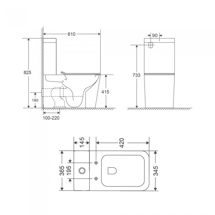 Чаша унітазу-компакту Mixxus Premium Quadro-0401-T1 Bowl 610х365х825 Tornado 1.0 без сидіння (MI8343)