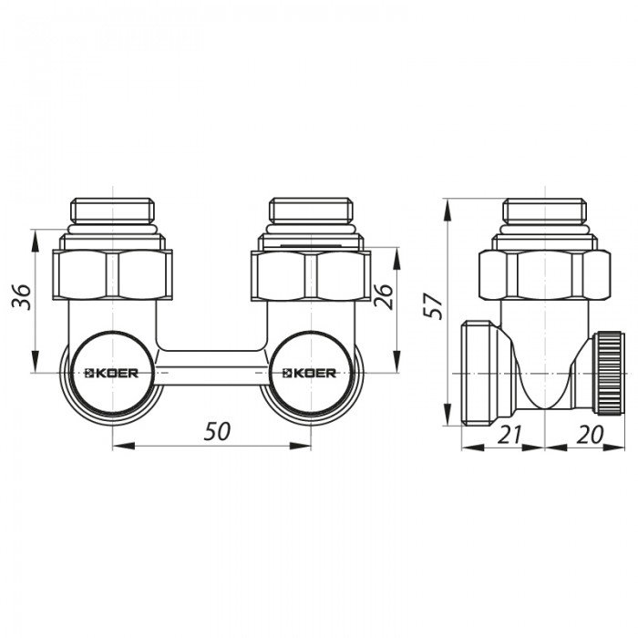 Узел нижнего подключения радиатора 3/4'' угловой (комплект) Koer KR.1132 (KR2816)