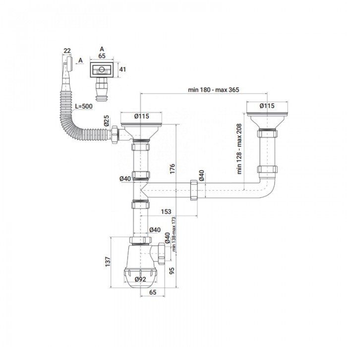 Сифон для кухни Zerix SK-03-A 3 1/2"x40 с двумя резьб. выпусками и отводом для стиральной машины (Z
