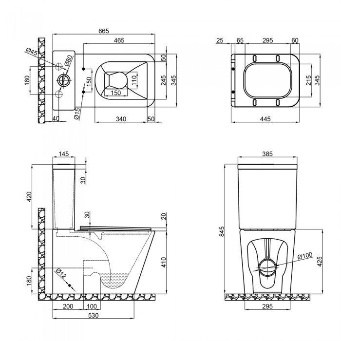 Чаша унітазу-компакту Mixxus Premium Quadro-0402-R Bowl 675х390х855 Rimless без сидіння (MI8340)