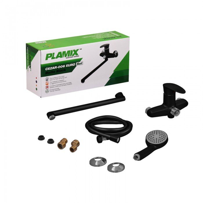 Змішувач для ванни Plamix CEZAR-006 EURO SET Matte black, зі шлангом, лійкою та кронштейном (PM0690) Змішувач для ванни Plamix CEZAR-006 EURO SET Matte black, зі шлангом, лійкою та кронштейном (PM0690)