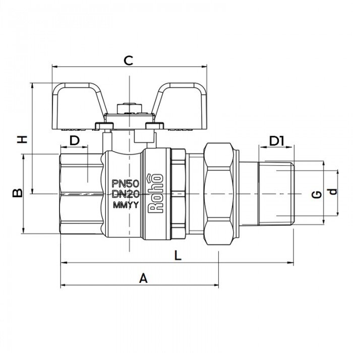 Кран с американкой Roho R105-050B - 1/2" прямой (RO0110)