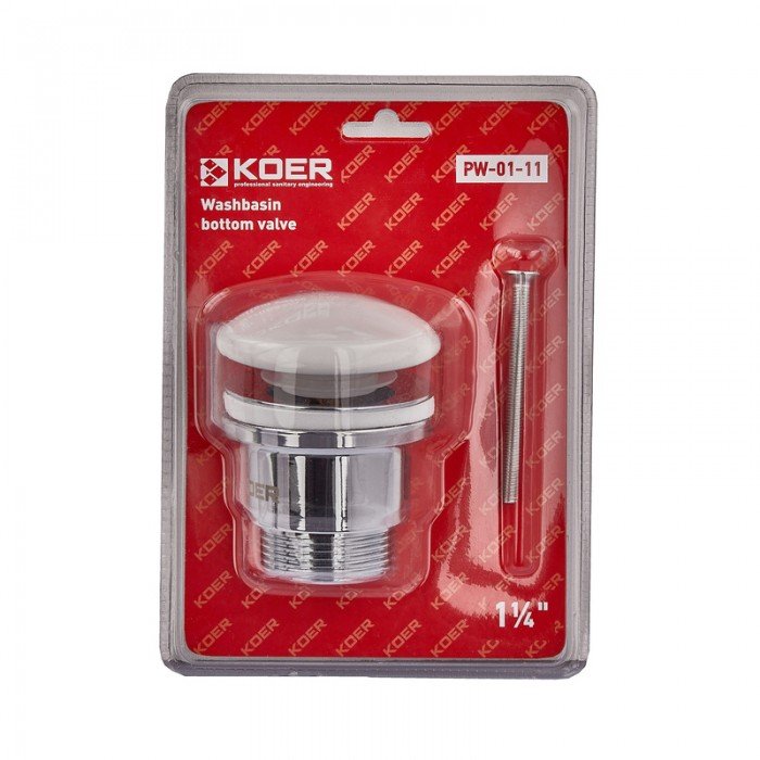 Донний клапан для раковини універсальний (з/без переливу) Koer PW-01-11 автоматичний (Click-Clack) (Біла керамічна накладка) 1 1/4'' (KR3405)