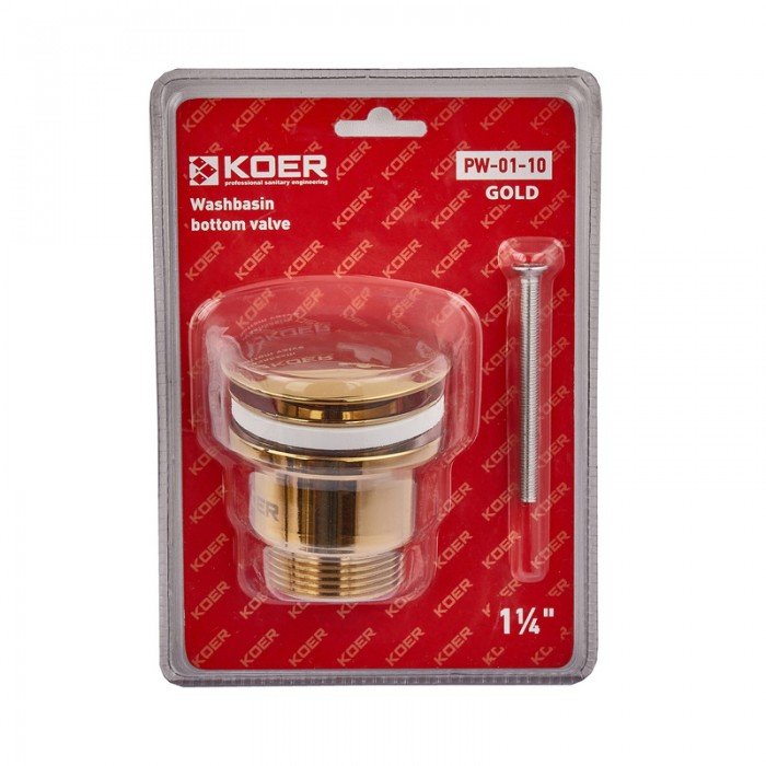 Донний клапан для раковини універсальний (з/без переливу) Koer PW-01-10 автоматичний (Click-Clack) (Колір золото) 1 1/4'' (KR5193)