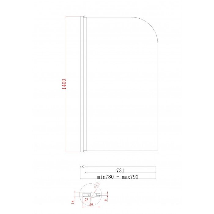 Шторки стеклянные на ванну Koer SR BS01-80x140-TR-01 прозрачное стекло 6мм, хром (KR5400)