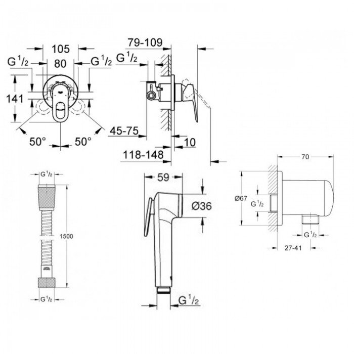 Душевый гарнитур для биде Grohe BauLoop (111042) Душевый гарнитур для биде Grohe BauLoop (111042)