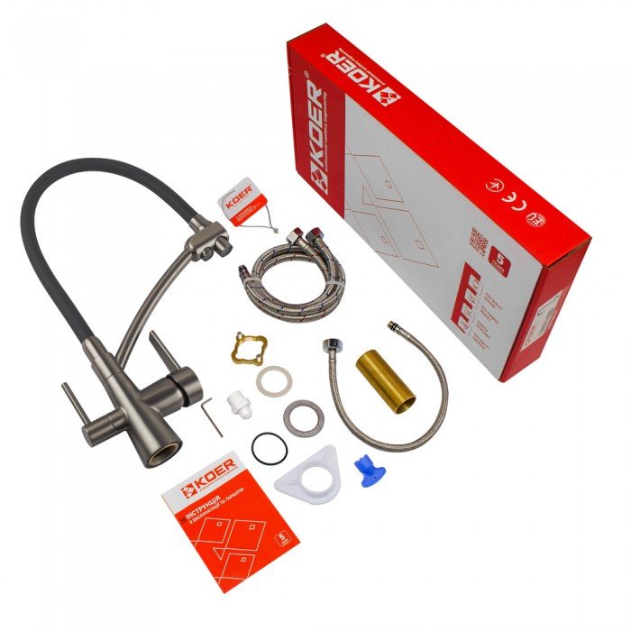 Кухонный смеситель с силик. изливом и вых. для питьевой воды KOER KB-72003-07 (KR3377)