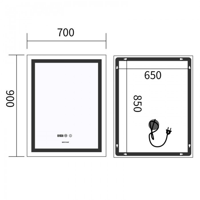 Зеркало Mixxus Premium FLASH MR21-70x90 с Led Touch, Anti-fog, димером, регулятором яркости, часами