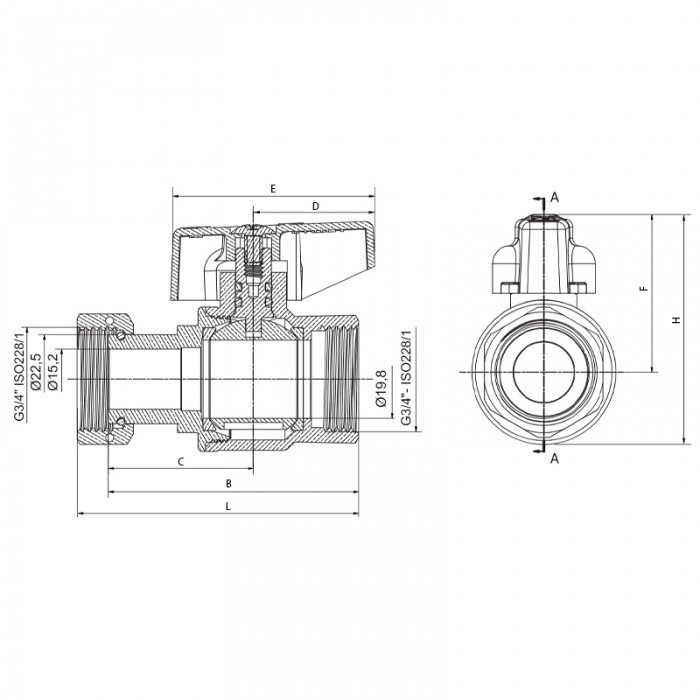 Кран шаровый Roho R115-075B -3/4"х3/4" прямой Н/Г, ручка "бабочка" черная (RO0234)