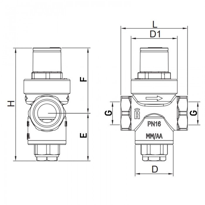 Редуктор давления Roho R1201-075 - 3/4" ВВ, PN16 (1-5,5 бар) поршневой (RO0144)