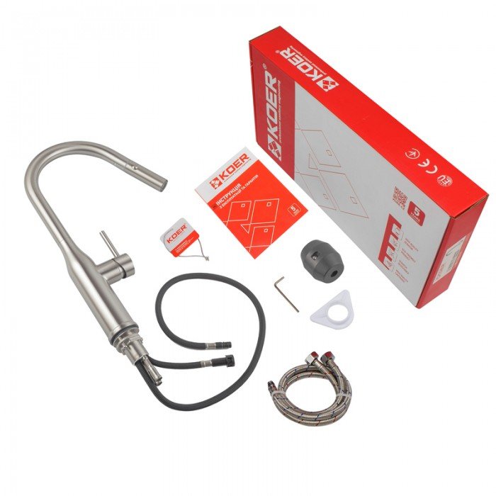 Кухонний змішувач з висувним виливом KOER KI-70004-02 (нерж. сталь) (KR3385)