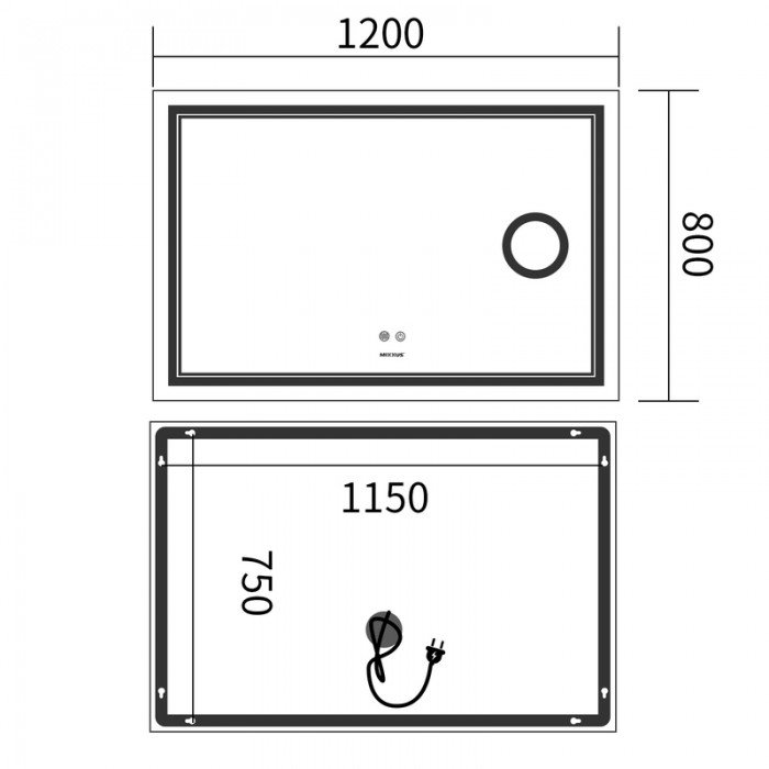 Зеркало Mixxus Premium QUADRO MR20-120x80 с Led Touch, Anti-fog, димером, регулятором яркости, линз
