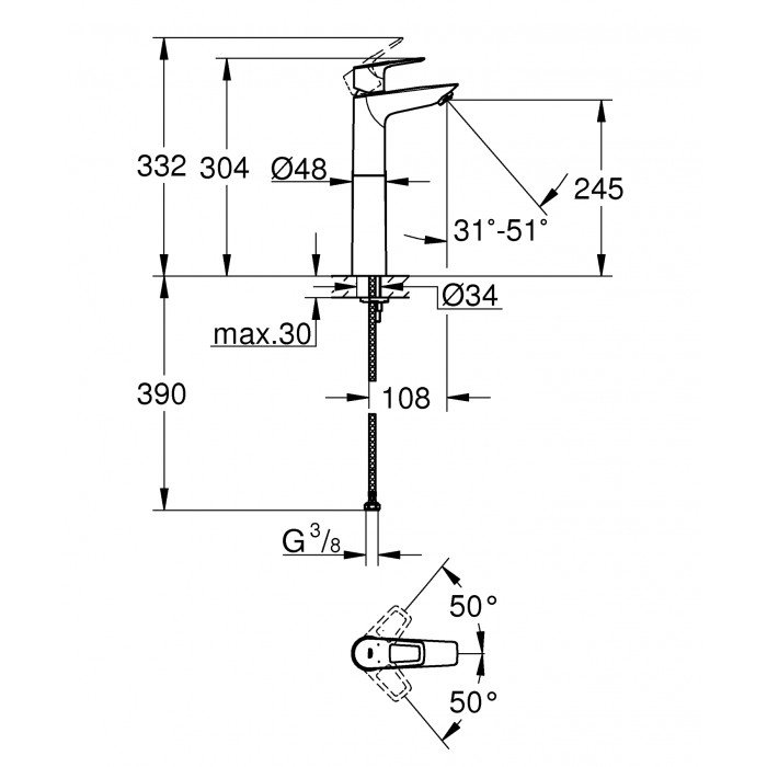 Змішувач на стільницю для раковини XL-розміру Grohe BauLoop New (23764001) Змішувач на стільницю для раковини XL-розміру Grohe BauLoop New (23764001)