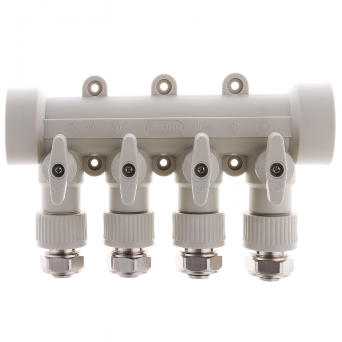 Коллектор распределительный 4-way с фитингом (40x20) PPR Koer K0192.PRO (KP2557) Коллектор распределительный 4-way с фитингом (40x20) PPR Koer K0192.PRO (KP2557)