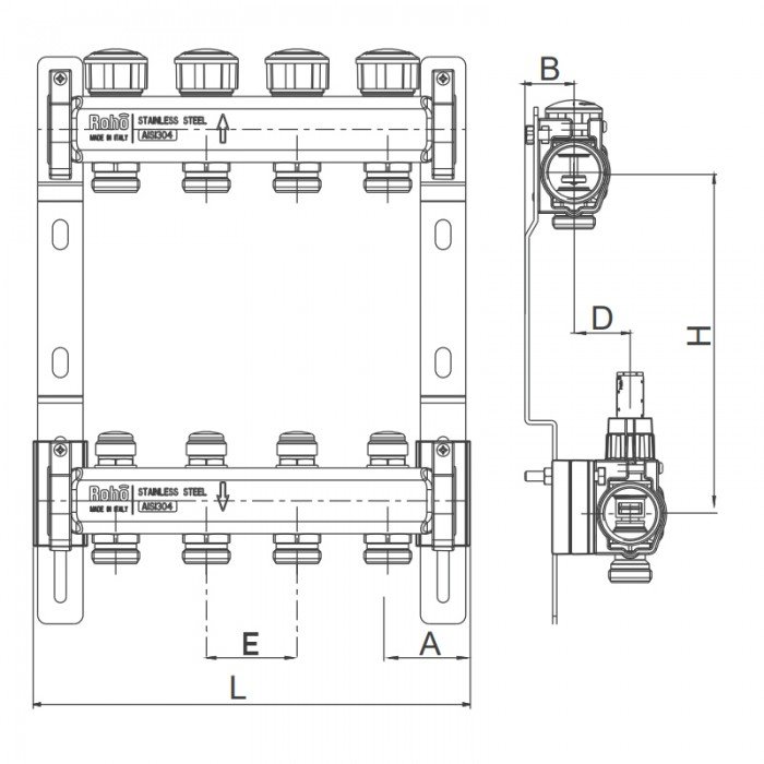Коллектор с термостатическими и запорными клапанами Roho R805-08 - 1"х 8 вых. (RO0062)
