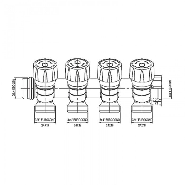 Колектор з регулюючими вентилями на 4 вих. Roho R809-04 - 3/4"x3/4" EK (RO0251)