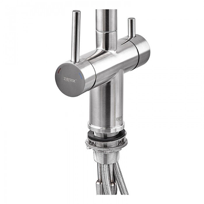 Смеситель кухонный на две воды Zerix LUX-024 с выдвижной лейкой (нерж. сталь) (ZX5555)