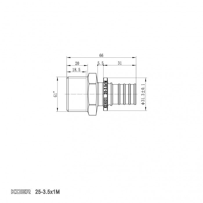 Переходник с НР Koer KA.A10M-25 - 25(3.5mm) x 1"M (KR4854) Переходник с НР Koer KA.A10M-25 - 25(3.5mm) x 1"M (KR4854)