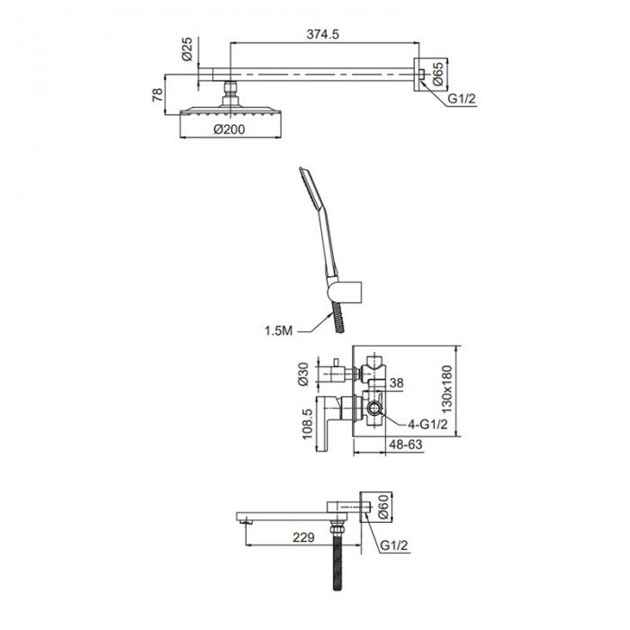Встраиваемая душевая система Koer KI-66015-02 (из нерж. стали) (Цвет нерж) (KR4785)