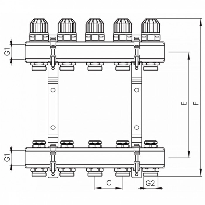 Коллекторный блок с термостатическими клапанами Koer KR.1100-06 1”x6 ways (KR2632) Коллекторный блок с термостатическими клапанами Koer KR.1100-06 1”x6 ways (KR2632)
