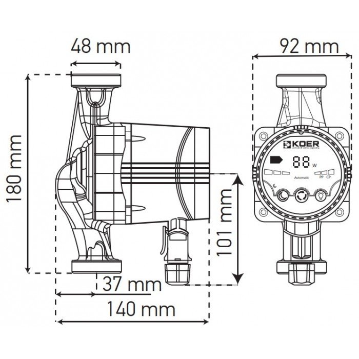 Насос циркуляционный центробежный энергосберегающий Koer KP.N25/4-180 (с гайками, кабелем и вилкой) (KP02