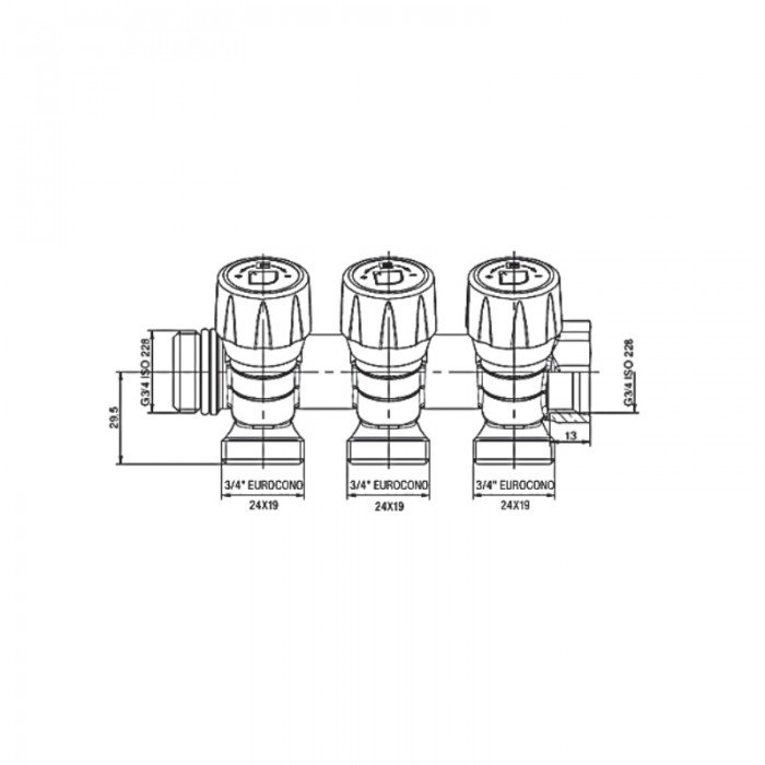 Колектор з регулюючими вентилями на 3 вих. Roho R809-03 - 3/4"x3/4" EK (RO0250)